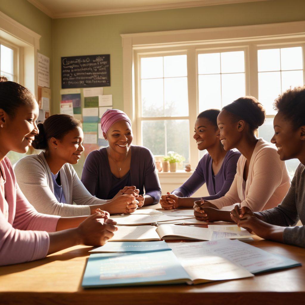 A serene and uplifting scene depicting a diverse group of people engaged in a discussion around a large table filled with books and health pamphlets related to cancer care. Soft sunlight pours in through a window, casting a warm glow on their faces. A chalkboard in the background displays empowering quotes about knowledge and wellness. Soft colors intertwined with symbols of hope like ribbons are present. super-realistic. vibrant colors. peaceful atmosphere.