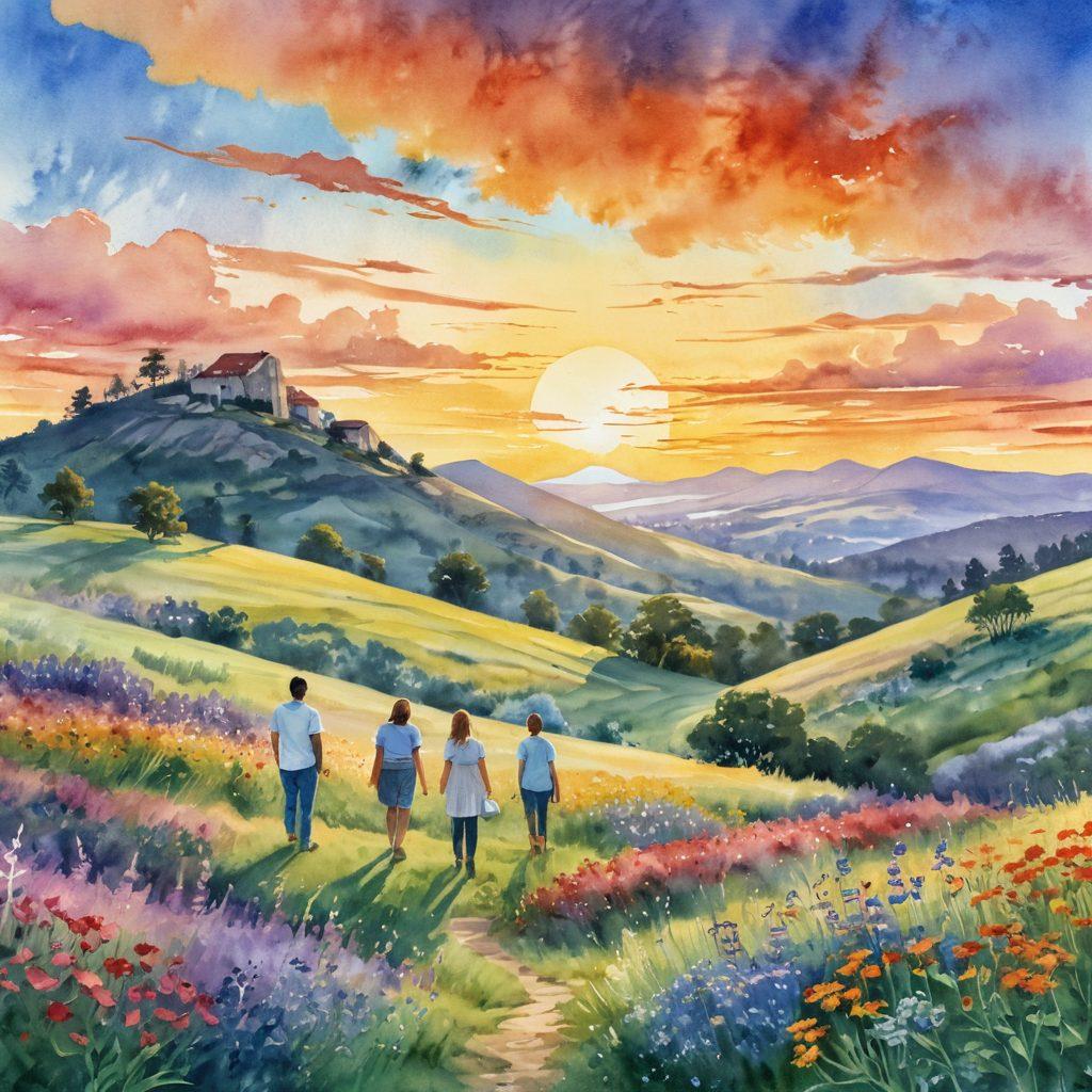 A serene landscape depicting a sunrise over a gentle hill, symbolizing hope and new beginnings. Include a diverse group of people, joyful and supportive, standing together, holding signs of encouragement. In the foreground, vibrant wildflowers bloom, representing resilience and growth. The sky is painted with warm, uplifting colors to enhance feelings of empowerment and support. watercolor style. vibrant colors.