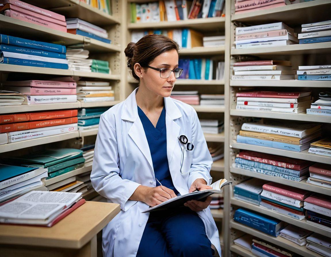 A thoughtful researcher surrounded by stacks of medical books and journals, analyzing data on support systems in oncology. The background features supportive images like diverse healthcare teams, patient interactions, and infographics on resource accessibility. Emphasize a warm and hopeful atmosphere to convey support and resilience in cancer care. super-realistic. vibrant colors. soft lighting.